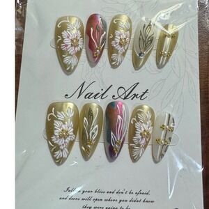Handmade Gold Floral Press On Nails‎ Set Stiletto Almond Nail Art